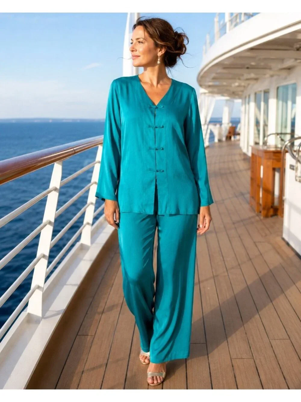 VTG NWT 90s Anna And Frank Teal 2-Piece 100% Silk Top & Pants Set Size S/M New
